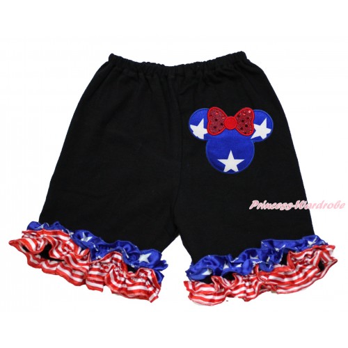 American's Birthday Black Cotton Short Pantie With Patriotic American Ruffles With Patriotic American Star Minnie Print B082
