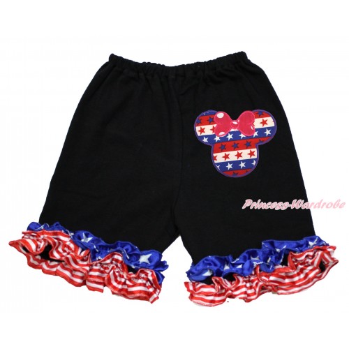 American's Birthday Black Cotton Short Pantie With Patriotic American Ruffles With Red White Blue Striped Star Minnie Print B083