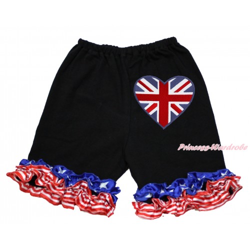 American's Birthday Black Cotton Short Pantie With Patriotic American Ruffles With Patriotic British Heart Print B086