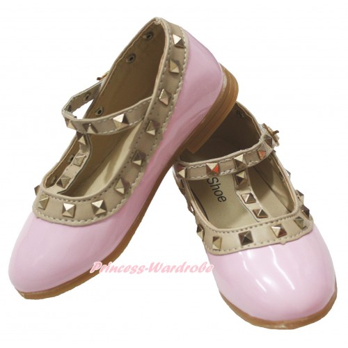 Light Pink Enamel T Strap Stud Rivet Slip On Shoes 8816LightPink