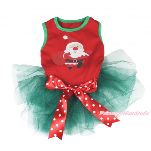 Xmas Red Sleeveless Teal Green Gauze Skirt & Gift Bag Santa Claus Print & Red White Polka Dots Bow Pet Dress DC193