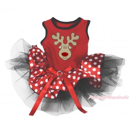 Xmas Red Sleeveless Minnie Polka Dots Black Gauze Skirt & Christmas Reindeer Print & Red Rhinestone Bow Pet Dress DC195