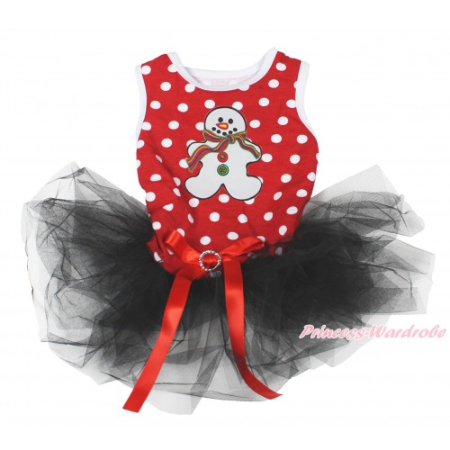 Xmas Minnie Dots Sleeveless Black Gauze Skirt & Christmas Gingerbread Snowman Print & Red Rhinestone Bow Pet Dress DC197
