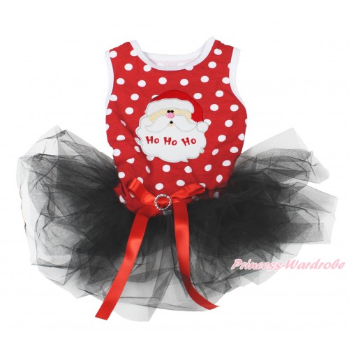 Xmas Minnie Dots Sleeveless Black Gauze Skirt & Santa Claus Print & Red Rhinestone Bow Pet Dress DC198