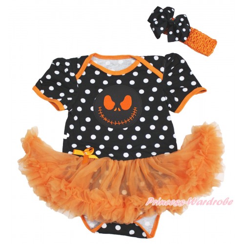 Halloween Black White Dots Baby Bodysuit Orange Pettiskirt & Nightmare Before Christmas Jack & Orange Headband Black White Dots Silk Bow JS3981
