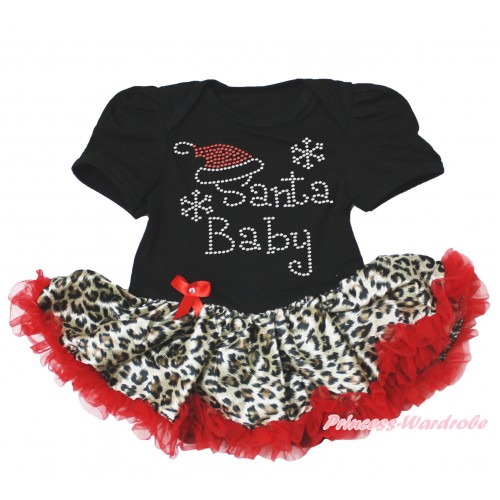 Xmas Black Baby Bodysuit Leopard Red Pettiskirt & Sparkle Rhinestone Santa Baby Print JS4073