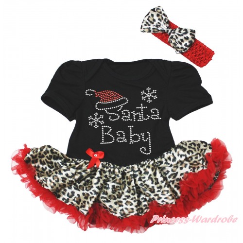 Xmas Black Baby Bodysuit Leopard Red Pettiskirt & Sparkle Rhinestone Santa Baby & Red Headband Leopard Satin Bow JS4080