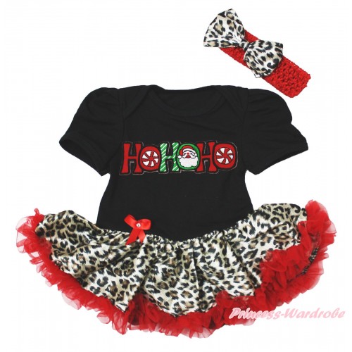 Xmas Black Baby Bodysuit Leopard Red Pettiskirt & HOHOHO Santa Claus & Red Headband Leopard Satin Bow JS4083