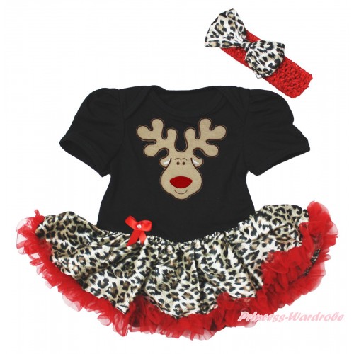 Xmas Black Baby Bodysuit Leopard Red Pettiskirt & Christmas Reindeer & Red Headband Leopard Satin Bow JS4084