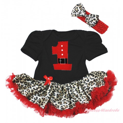 Xmas Black Baby Bodysuit Leopard Red Pettiskirt & 1st Santa Claus Birthday Number & Red Headband Leopard Satin Bow JS4085