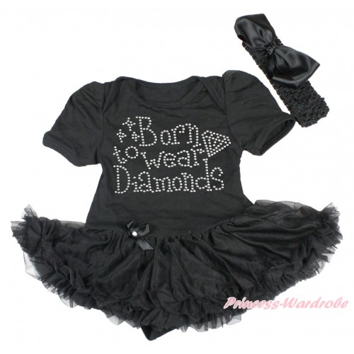 Black Baby Bodysuit Pettiskirt & Sparkle Rhinestone Born To Wear Diamonds Print JS4269