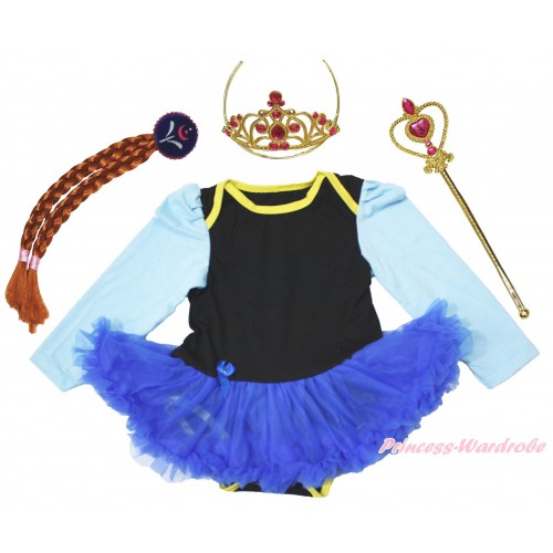 Frozen Light Blue Long Sleeve Black Baby Bodysuit Royal Blue Pettiskirt & Anna Costume JS4279