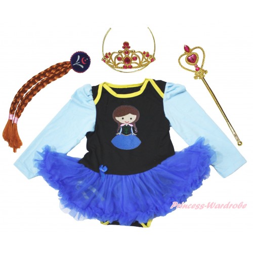 Frozen Light Blue Long Sleeve Black Bodysuit Royal Blue Pettiskirt & Princess Anna & Anna Costume JS4280