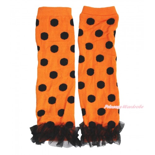 Halloween Newborn Baby Orange Black Dots Leg Warmers Leggings & Black Ruffles LG283