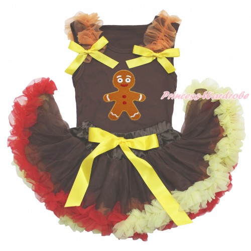 Xmas Brown Baby Pettitop Orange Ruffles Yellow Bows & Brown Gingerbread  & Brown Red Yellow Newborn Pettiskirt BG171