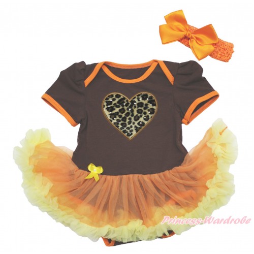 Valentine's Day Brown Baby Bodysuit Orange Yellow Pettiskirt & Leopard Heart & Orange Headband Silk Bow JS4024