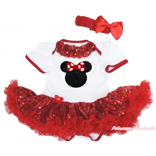 White Baby Bodysuit Sparkle Red Sequins Pettiskirt & Red Sequins Lacing & Red Minnie Print & Red Headband Silk  Bow JS4062