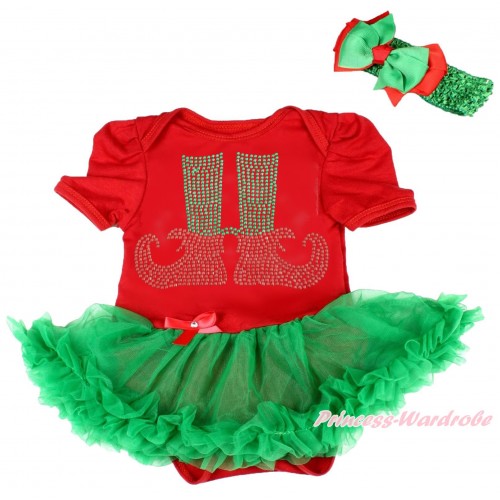 Xmas Red Baby Bodysuit Kelly Green Pettiskirt & Sparkle Rhinestone Elf Socks & Kelly Green Headband Kelly Green Red Ribbon Bow JS4105
