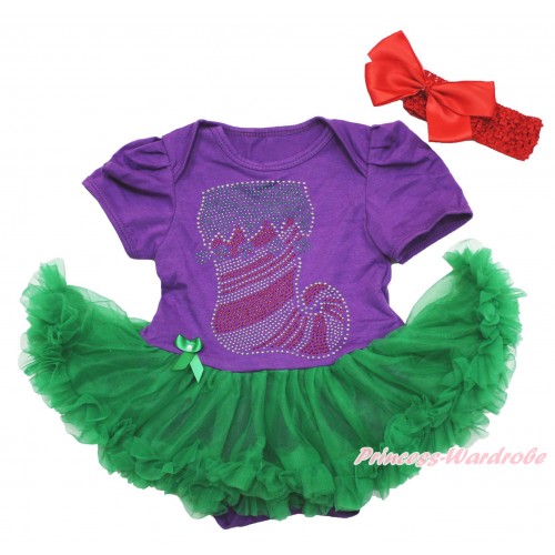 Xmas Dark Purple Baby Bodysuit Kelly Green Pettiskirt & Sparkle Rhinestone Christmas Stocking & Red Headband Silk Bow JS4113