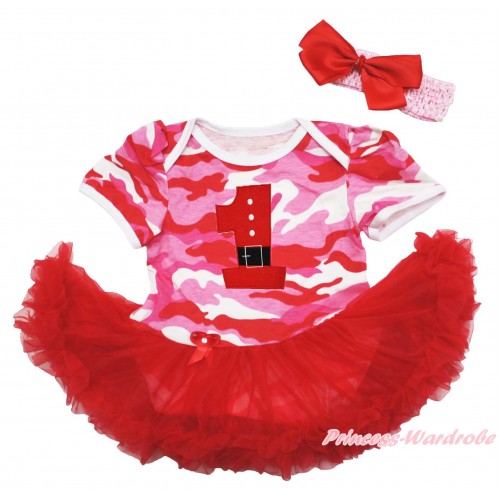 Xmas Pink Camouflage Baby Bodysuit Red Pettiskirt & 1st Santa Claus Birthday Number & Light Pink Headband Red Silk Bow JS4124