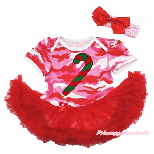 Xmas Pink Camouflage Baby Bodysuit Red Pettiskirt & Christmas Stick & Light Pink Headband Red Silk Bow JS4125