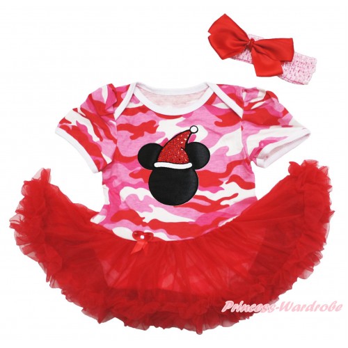 Xmas Pink Camouflage Baby Bodysuit Red Pettiskirt & Christmas Minnie & Light Pink Headband Red Silk Bow JS4127