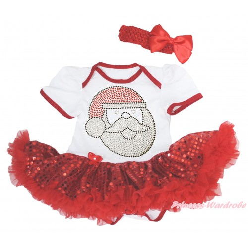 Xmas White Baby Bodysuit Sparkle Red Sequins Pettiskirt & Sparkle Rhinestone Santa Claus & Red Headband Silk Bow JS4154
