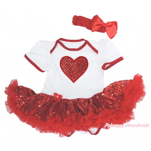 Valentine's Day White Baby Bodysuit Sparkle Red Sequins Pettiskirt & Sparkle Red Heart & Red Headband Silk Bow JS4157