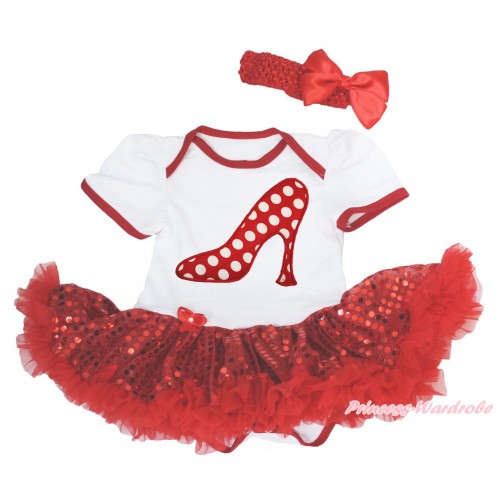 White Baby Bodysuit Sparkle Red Sequins Pettiskirt & Minnie Dots High Heel Shoes & Red Headband Silk Bow JS4158