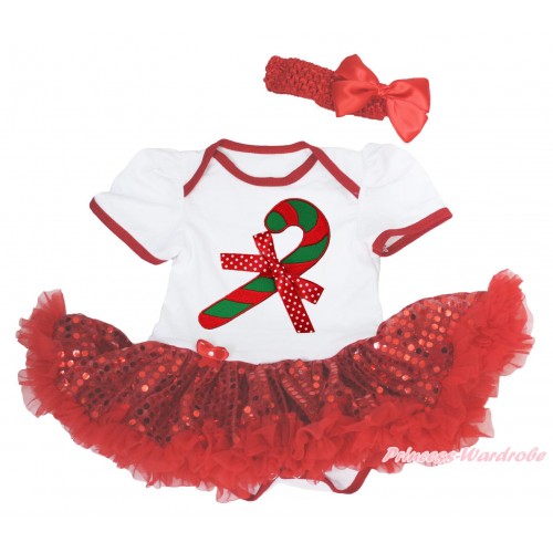 Xmas White Baby Bodysuit Sparkle Red Sequins Pettiskirt & Christmas Stick & Minnie Dots Bow & Red Headband Silk Bow JS4159