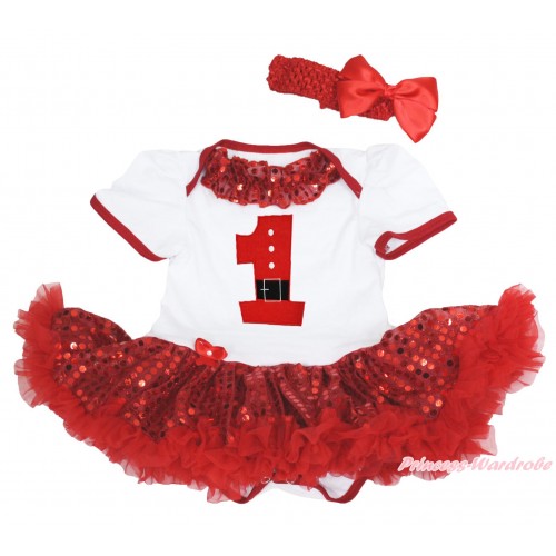 Xmas White Baby Bodysuit Sparkle Red Sequins Pettiskirt & Red Sequins Lacing & 1st Santa Claus Birthday Number Print & Red Headband Silk Bow JS4168