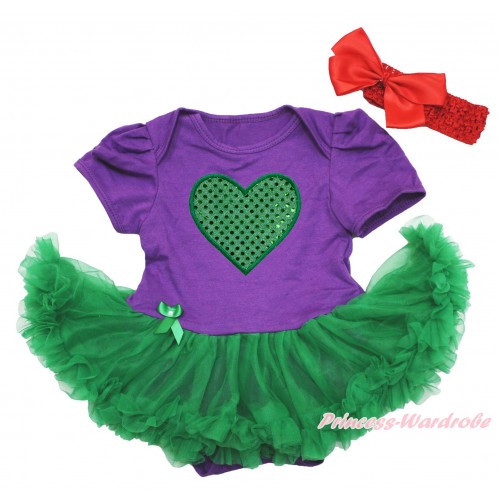 Valentine's Day Dark Purple Bodysuit Kelly Green Pettiskirt & Sparkle Kelly Green Heart Print & Red Headband Silk Bow JS4215