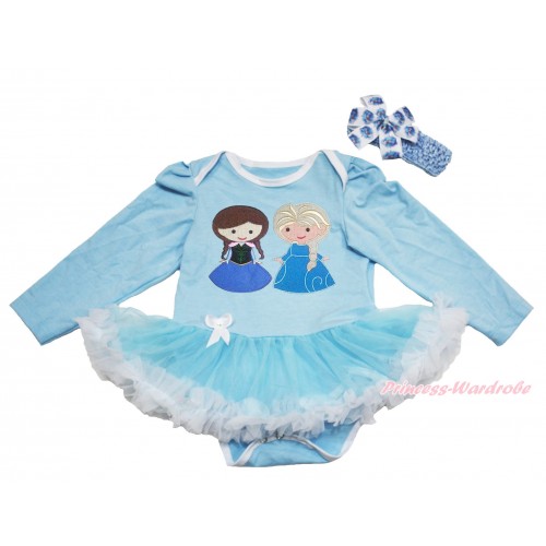 Frozen Light Blue Long Sleeve Bodysuit Light Blue White Pettiskirt & Princess Anna Elsa Print JS4291