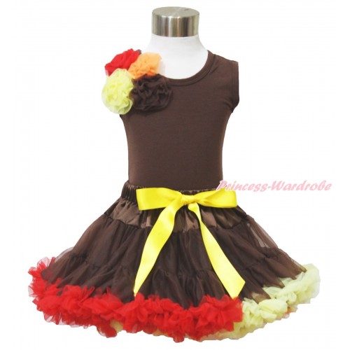 Thanksgiving Brown Tank Top Bunch of Red Orange Yellow Brown Rosettes & Brown Red Yellow Pettiskirt MG1364