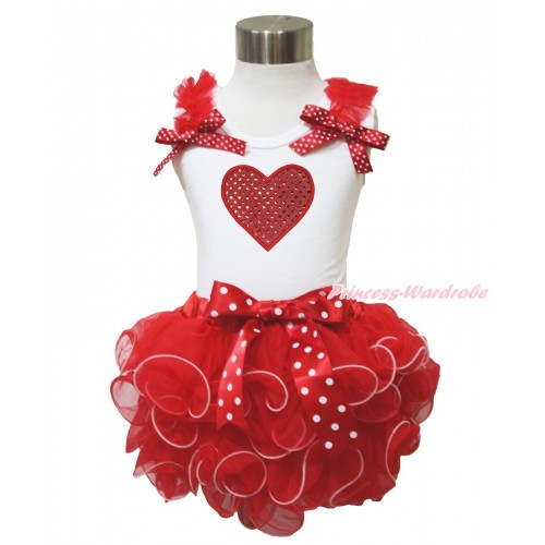 Valentine's Day White Tank Top Red Ruffles Minnie Dots Bow & Sparkle Red Heart & Minnie Dots Bow Red Petal Pettiskirt MG1380