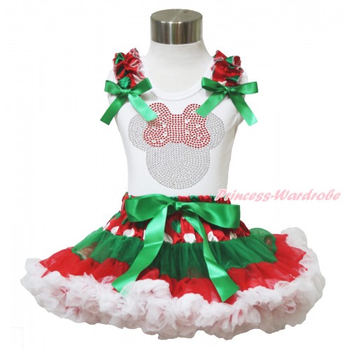 Xmas White Tank Top Red White Green Dots Ruffles Kelly Green Bows & Sparkle Rhinestone Red Minnie Print & Red White Green Dots Pettiskirt MG1397