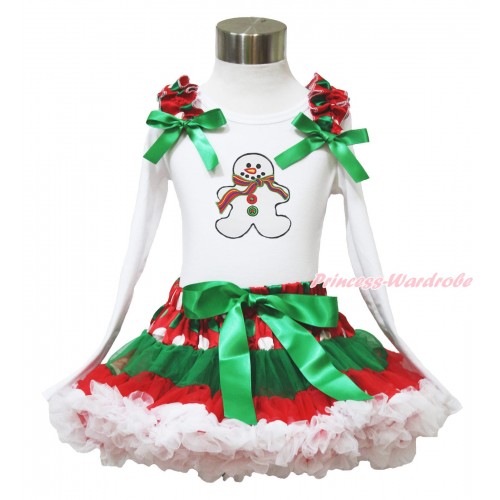 Xmas White Long Sleeve Top Red White Green Dots Ruffles Kelly Green Bow & Christmas Gingerbread Snowman & Red White Green Dots Pettiskirt MW590