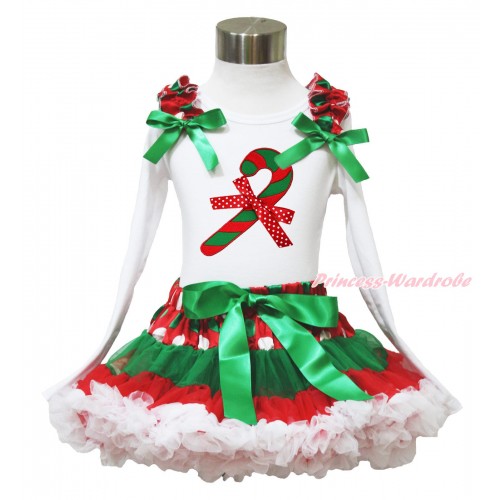 Xmas White Long Sleeve Top Red White Green Dots Ruffles Kelly Green Bow & Christmas Stick & Minnie Dots Bow & Red White Green Dots Pettiskirt MW591