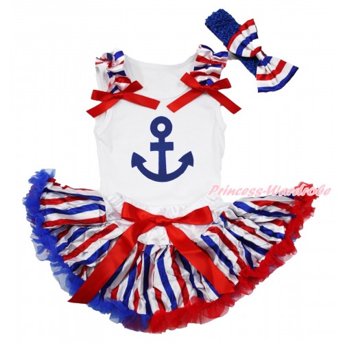 White Baby Pettitop Red White Blue Striped Ruffles Red Bows & Royal Blue Anchor Print & Red White Blue Striped Newborn Pettiskirt & Royal Blue Headband Red White Blue Striped Bow NG1605