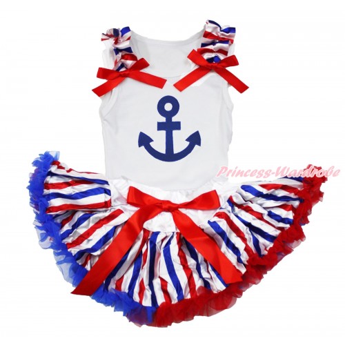 White Baby Pettitop Red White Blue Stirped Ruffles Red Bows & Royal Blue Anchor & Red White Blue Stirped Newborn Pettiskirt NN227