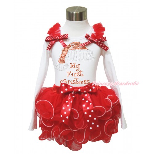 Xmas White Baby Long Sleeves Top Red Ruffles Minnie Dots Bow & Sparkle Rhinestone Christmas Hat Print & Minnie Dots Bow Red Petal Baby Pettiskirt NQ40