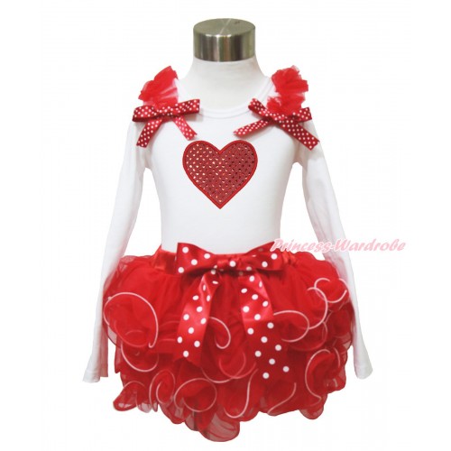 Valentine's Day White Baby Long Sleeves Top Red Ruffles Minnie Dots Bow & Sparkle Red Heart Print & Minnie Dots Bow Red Petal Baby Pettiskirt NQ42