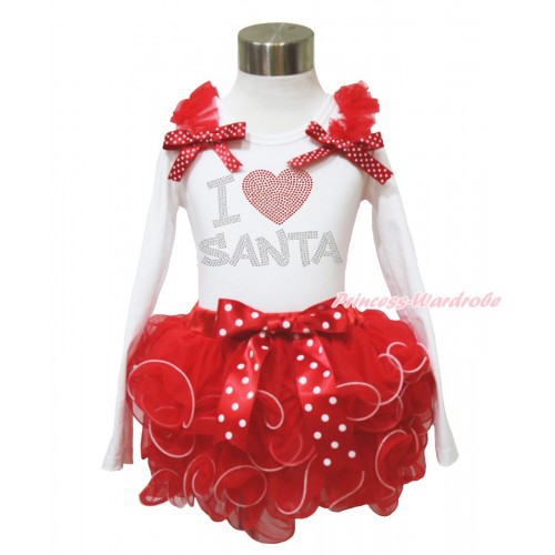 Xmas White Baby Long Sleeves Top Red Ruffles Minnie Dots Bow & Sparkle Rhinestone I Love Santa Print & Minnie Dots Bow Red Petal Baby Pettiskirt NQ45