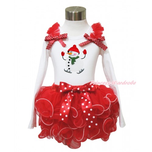 Xmas White Baby Long Sleeves Top Red Ruffles Minnie Dots Bow & Ice-Skating Snowman Print & Minnie Dots Bow Red Petal Baby Pettiskirt NQ46