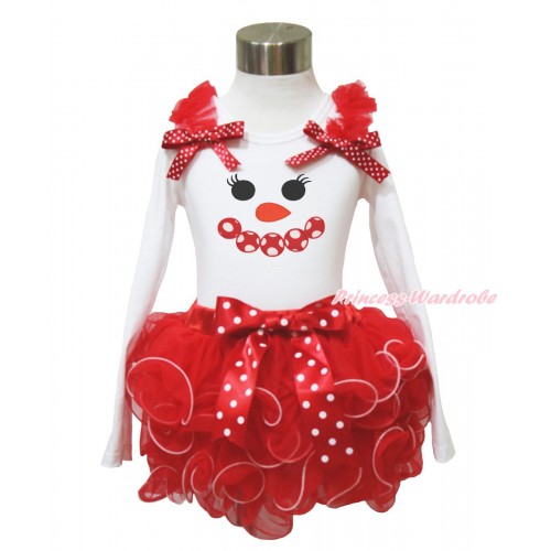 Xmas White Baby Long Sleeves Top Red Ruffles Minnie Dots Bow & Minnie Dots Snowman Face Print & Minnie Dots Bow Red Petal Baby Pettiskirt NQ48