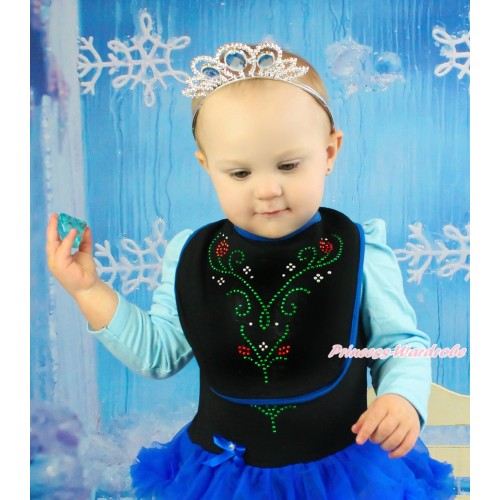 Frozen Royal Blue Piping Black Baby Bib & Sparkle Rhinestone Princess Anna Print BI25
