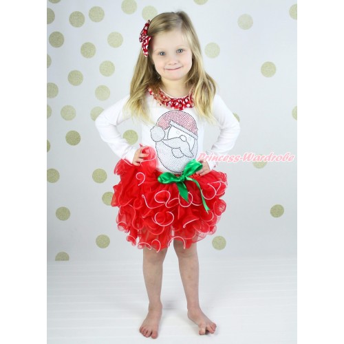 Xmas White Baby Long Sleeves Top Minnie Dots Satin Lacing & Sparkle Rhinestone Santa Claus Print & Kelly Green Bow Red Petal Baby Pettiskirt NQ50