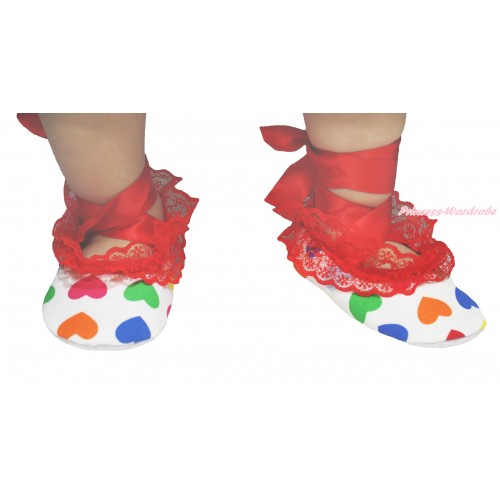 Rainbow Heart Hot Red Lace Crib Shoes & Red Ribbon S654