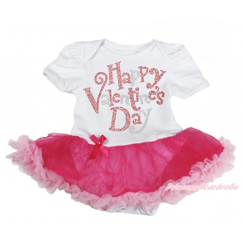 Valentine's Day White Baby Bodysuit Hot Light Pink Pettiskirt with Sparkle Crystal Bling Rhinestone Happy Valentine's Day Print JS2897 