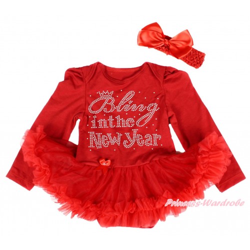 Red Long Sleeve Baby Bodysuit Pettiskirt & Sparkle Rhinestone Bling In The New Year Print & Red Headband Silk Bow JS4176